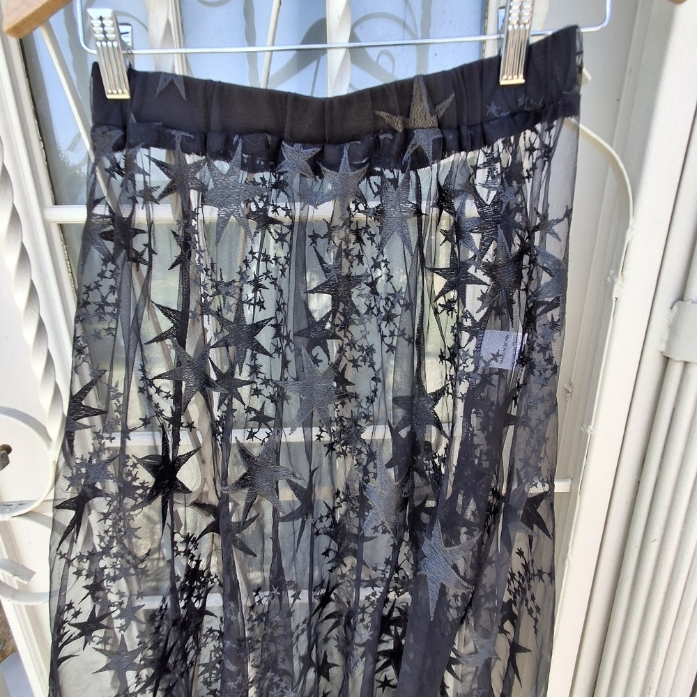 Romwe Black Mesh Sheer Embroidered Stars Maxi Cover-up Skirt Women Size Medium - Picture 3 of 16